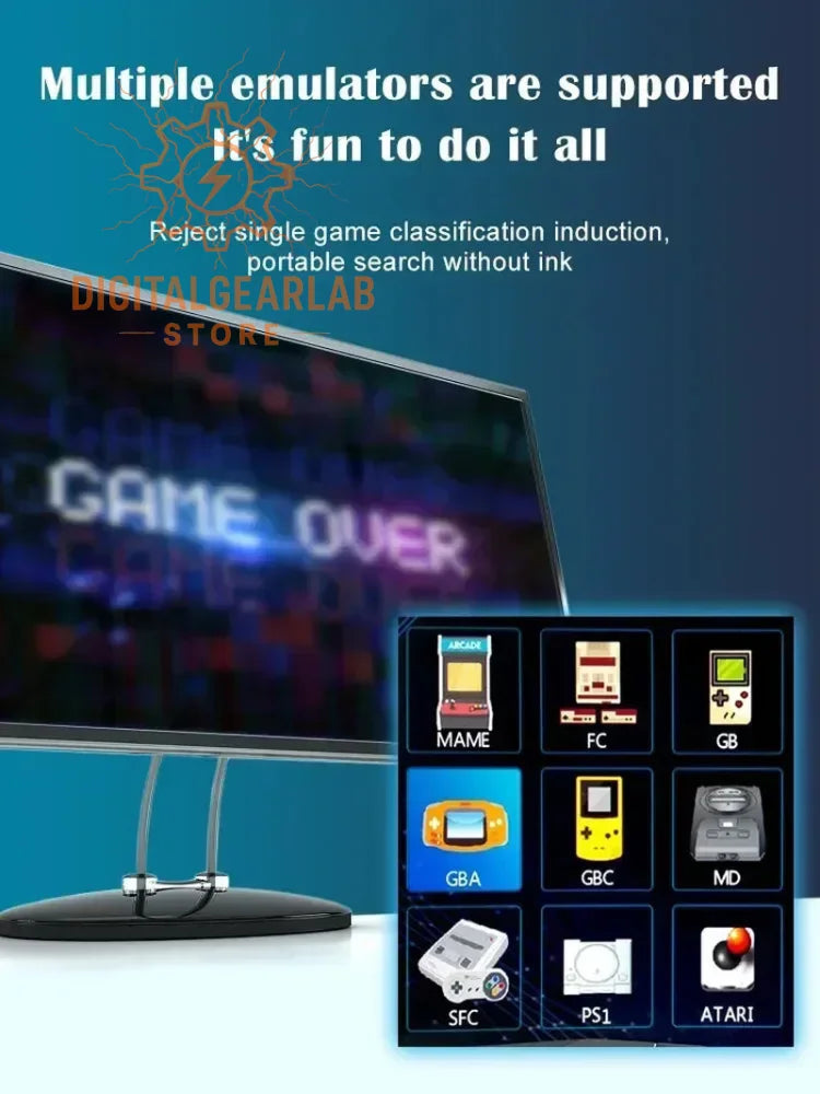 Black curved monitor displaying a glowing ’game over’ screen with multiple emulator icons for classic gaming systems like mame, fc, and ps1.