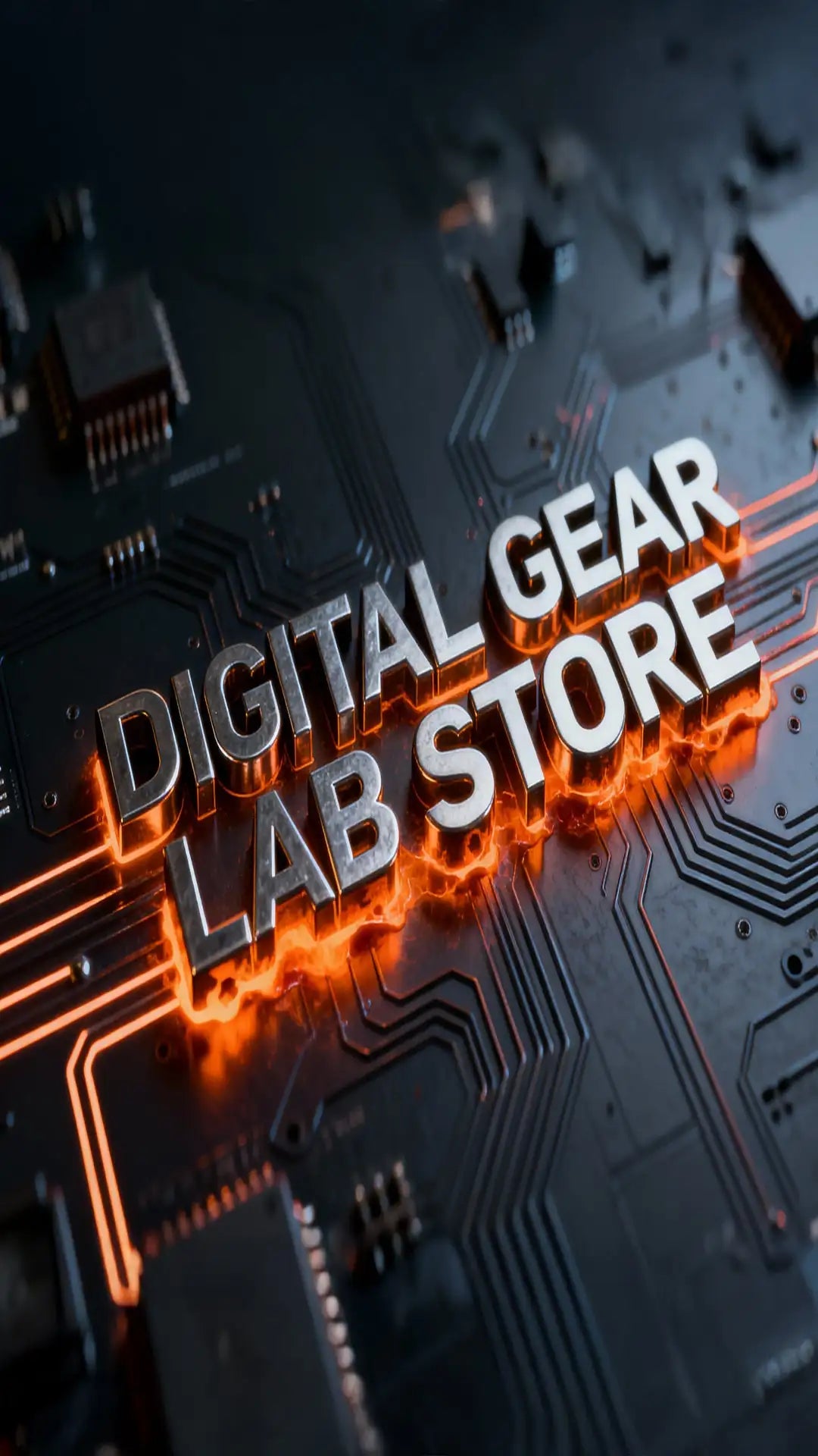 The metallic 3d text ’digital gear lab store’ glows with fiery orange accents against a dark circuit board background.