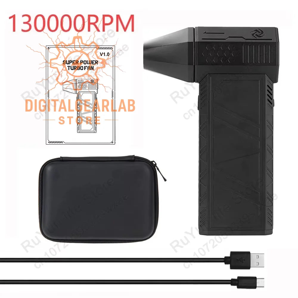 13000rpm black handheld electric drill with usb charging cable and carrying case.