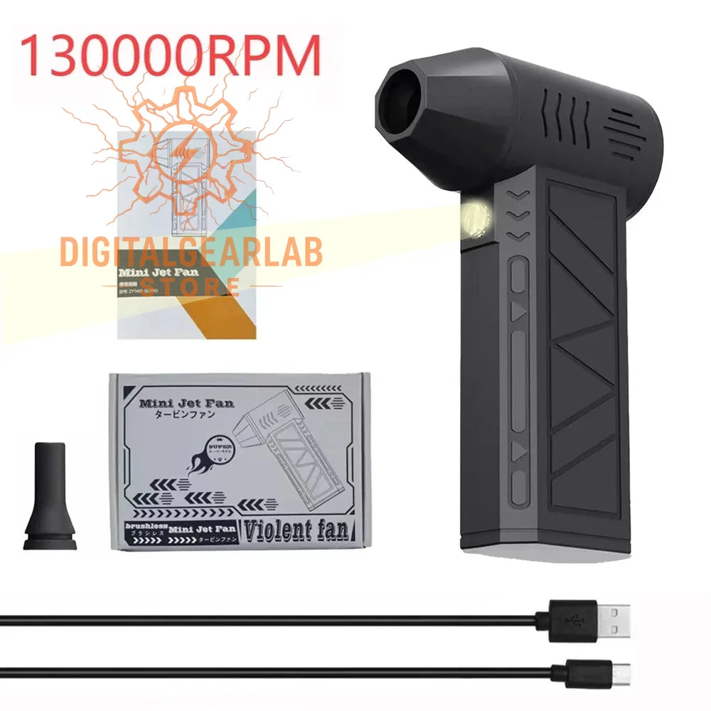 130,000 rpm black handheld electric blower with textured grip and usb charging cable.