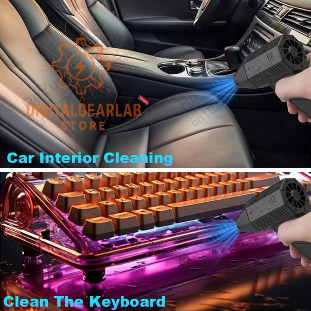 Black and blue cordless vacuum cleaner with brush attachment for car interior cleaning.