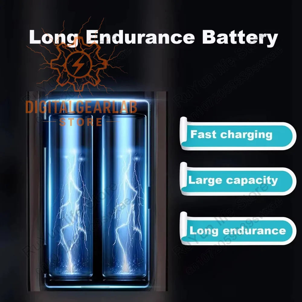 Blue lightning bolt battery charger with fast charging and large capacity features.