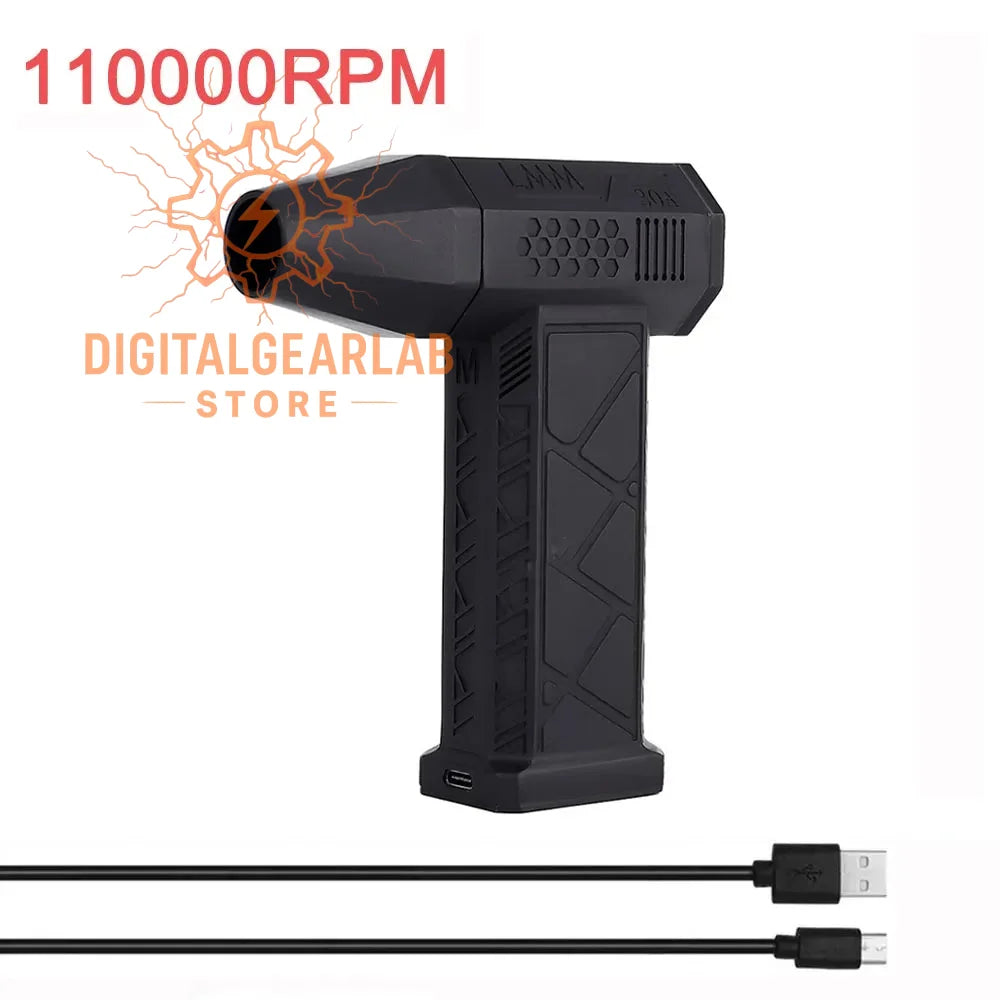 Black cordless drill with 110,000 rpm motor and usb charging cable