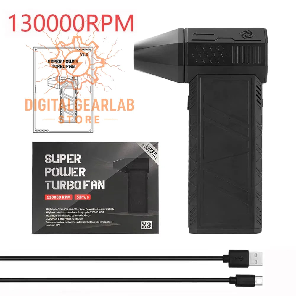 Black handheld turbo fan with 130,000 rpm motor and usb charging cable.