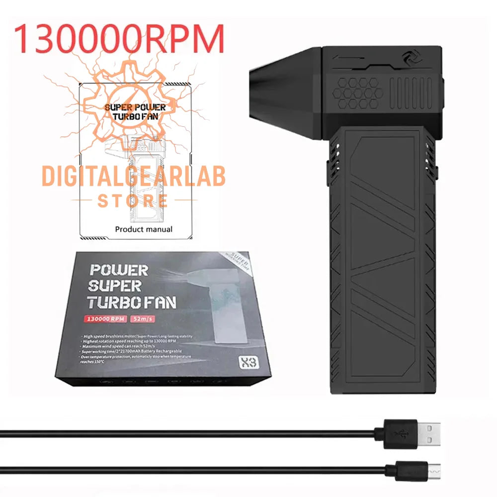 Black power turbo fan with 130,000 rpm motor and usb charging cable