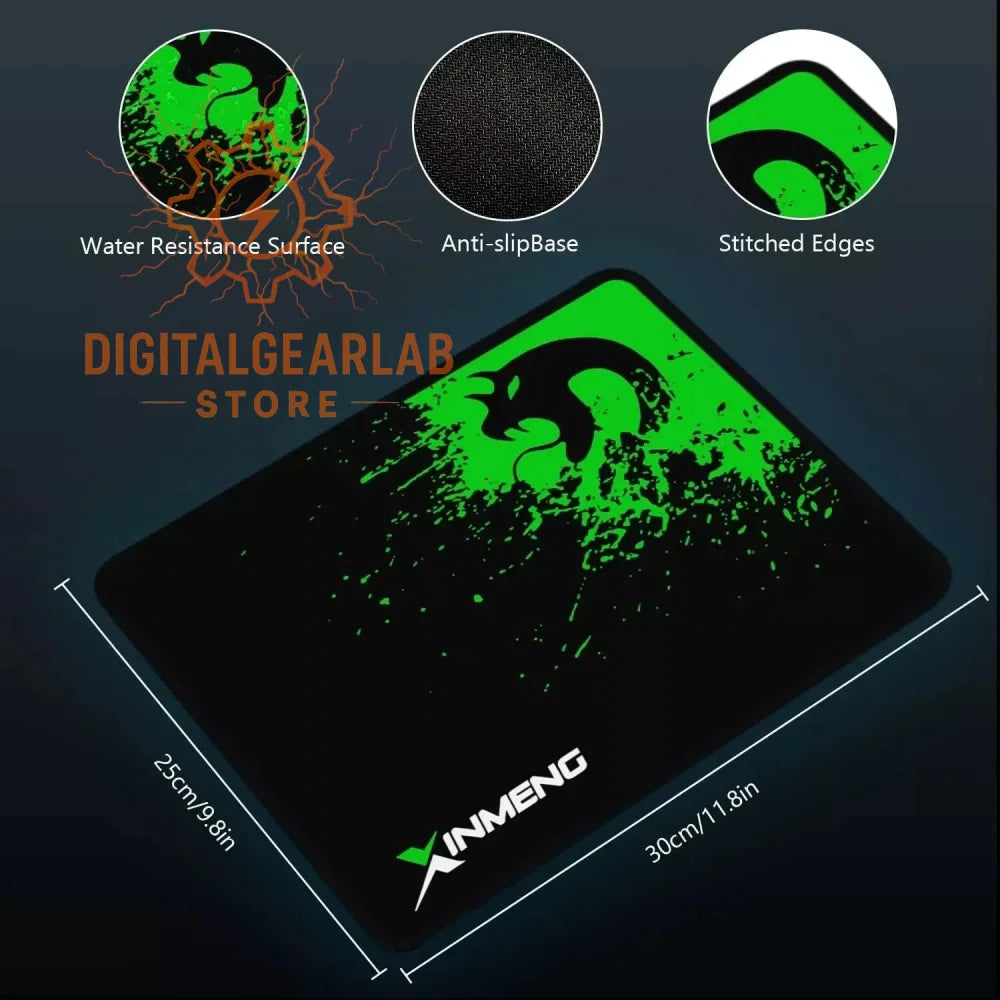 Green and black gaming mouse pad with water-resistant surface, anti-slip base, stitched edges, and a splash design.