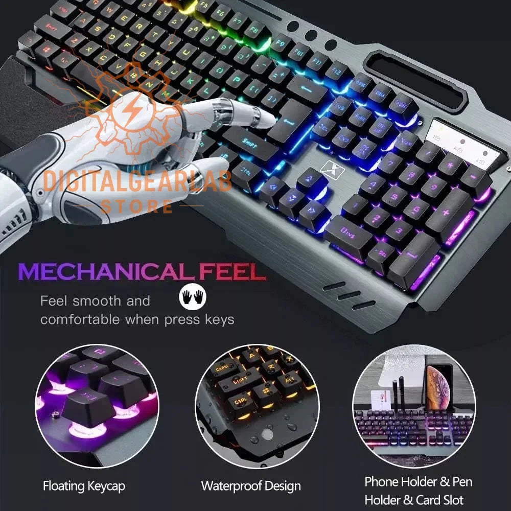 Mechanical feel keyboard with floating keycap and waterproof design, featuring a sleek silver body.