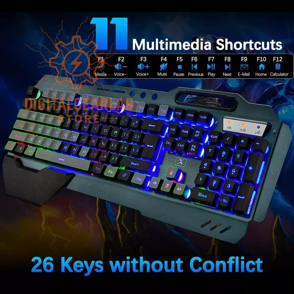 26-key multimedia keyboard with blue backlighting and silver accents.