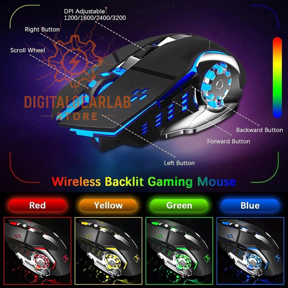 Black wireless backlit gaming mouse with blue accents and adjustable dpi settings.