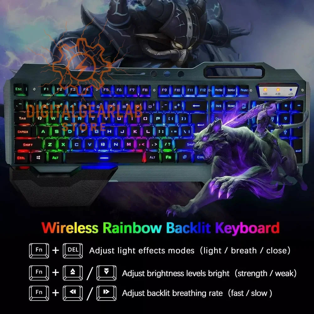 Wireless rainbow backlit keyboard with customizable light effects and brightness levels, featuring a sleek black design.