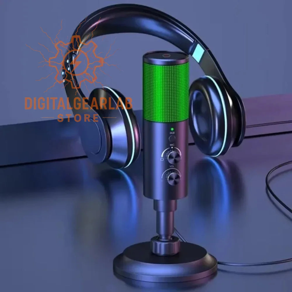 Green and silver microphone with a pop filter design, likely from blue yeti brand.
