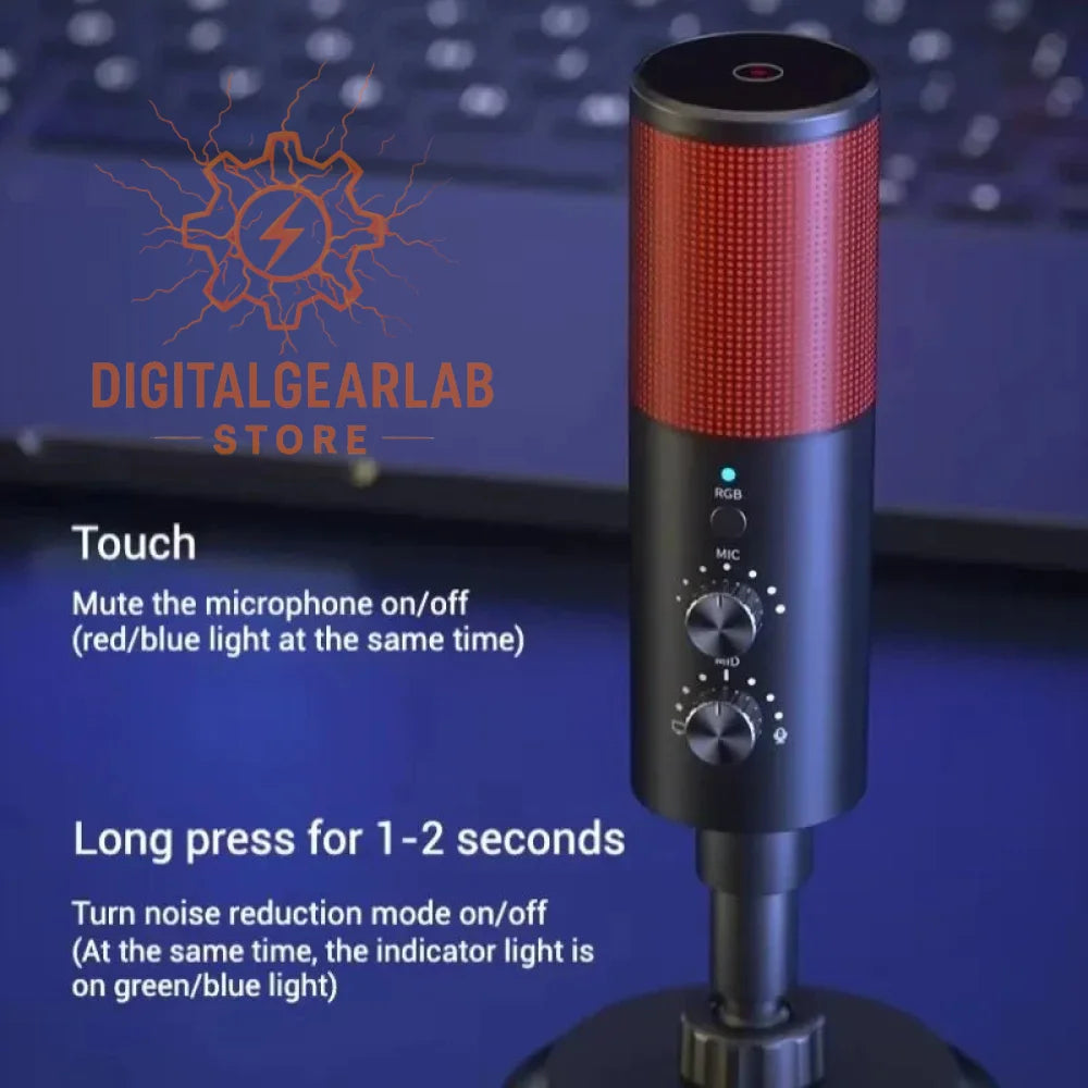 Red and black gaming microphone with touch controls for muting and noise reduction mode.