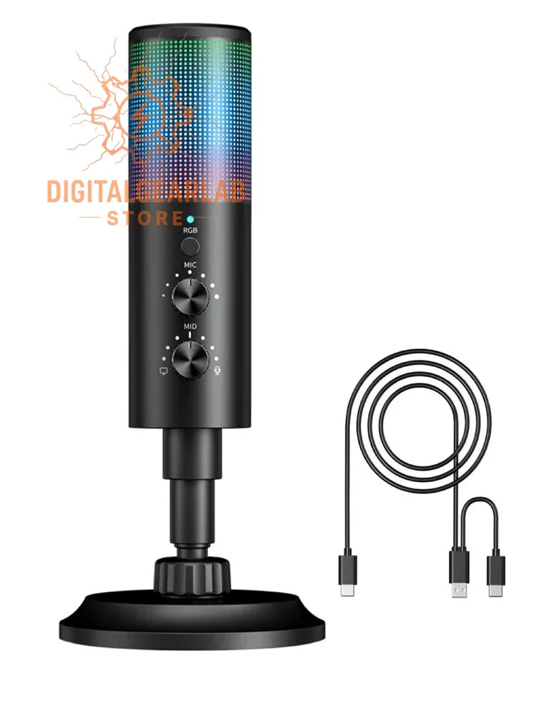 Black rgb gaming microphone with adjustable stand and cable.