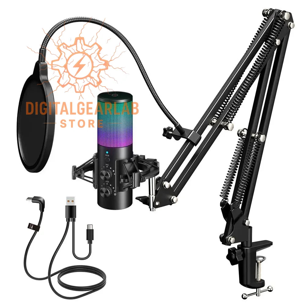 Black and green rgb illuminated microphone with pop filter, adjustable arm stand, usb cable, and shock mount