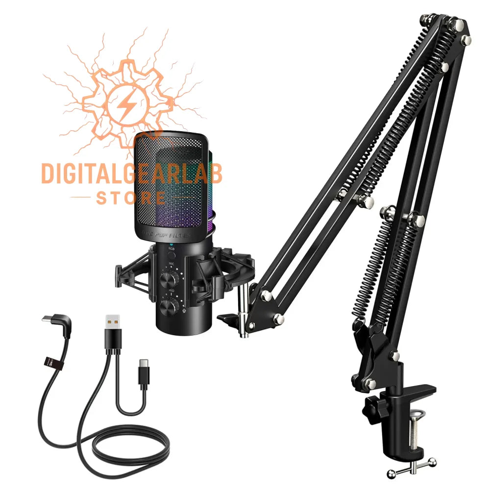 Black microphone with a rainbow mesh cover and adjustable arm stand, compatible with usb connection.