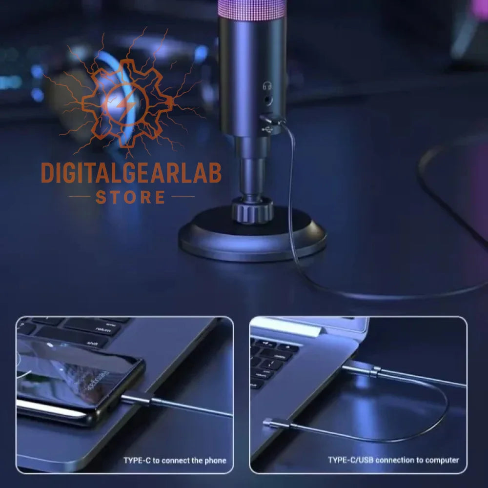 Black and purple gaming microphone with a stand, usb connection to computer, type-c port for phone connectivity.