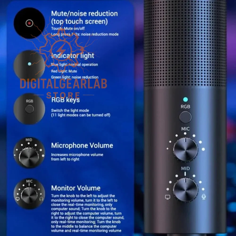 Blue and black microphone with rgb lighting, touch screen for mute/noise reduction.