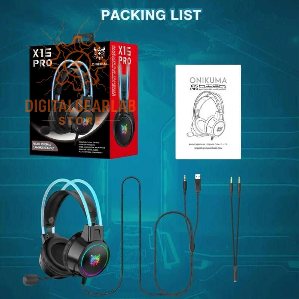 Black gaming headset with rgb lighting and detachable microphone, onikuma x15 pro model.