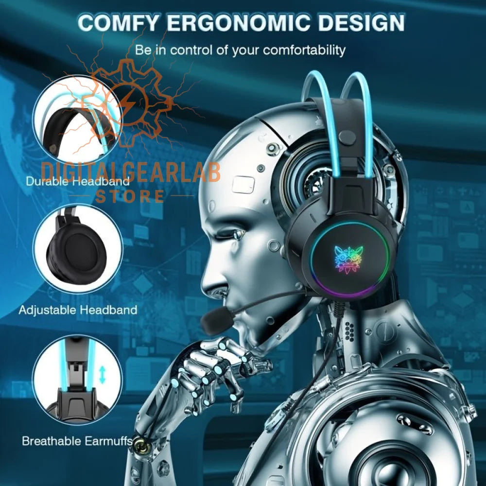 Black and blue gaming headset with rgb lighting, adjustable headband, breathable ear cups.