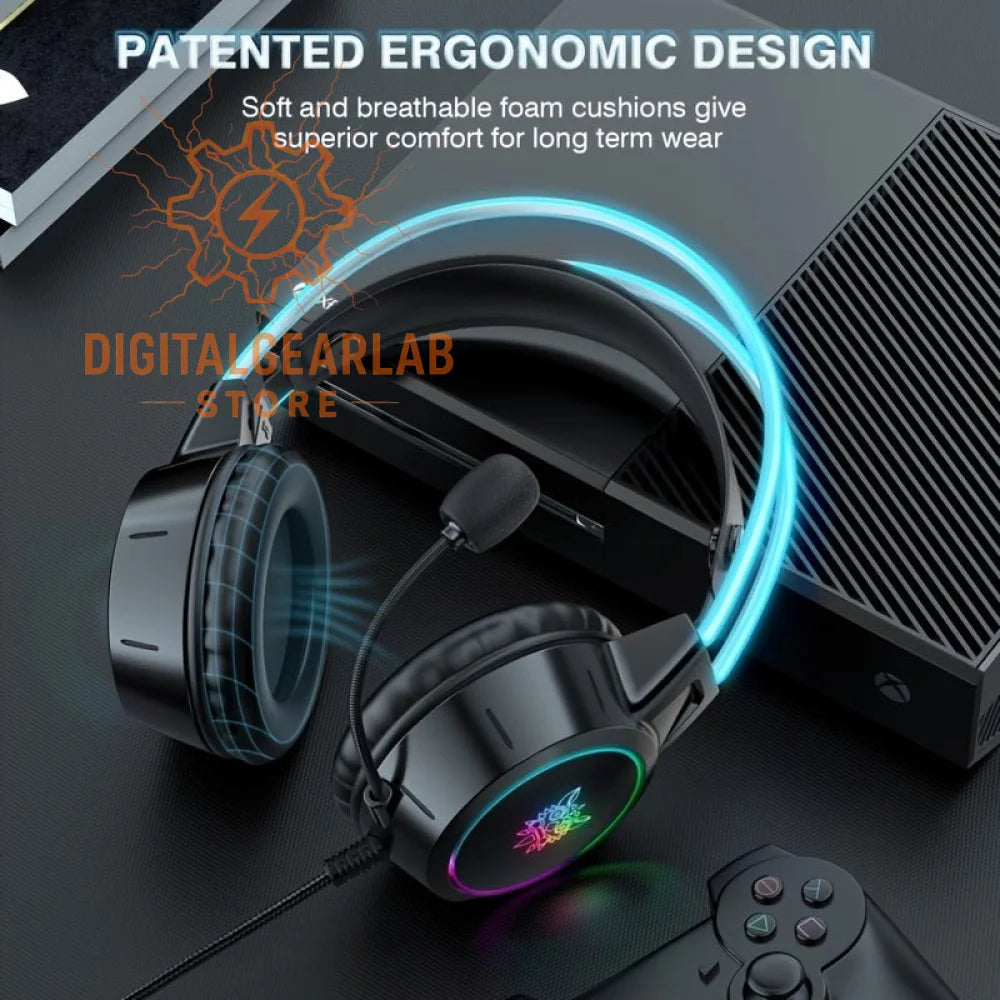 Black gaming headset with blue led lights and soft foam cushions.