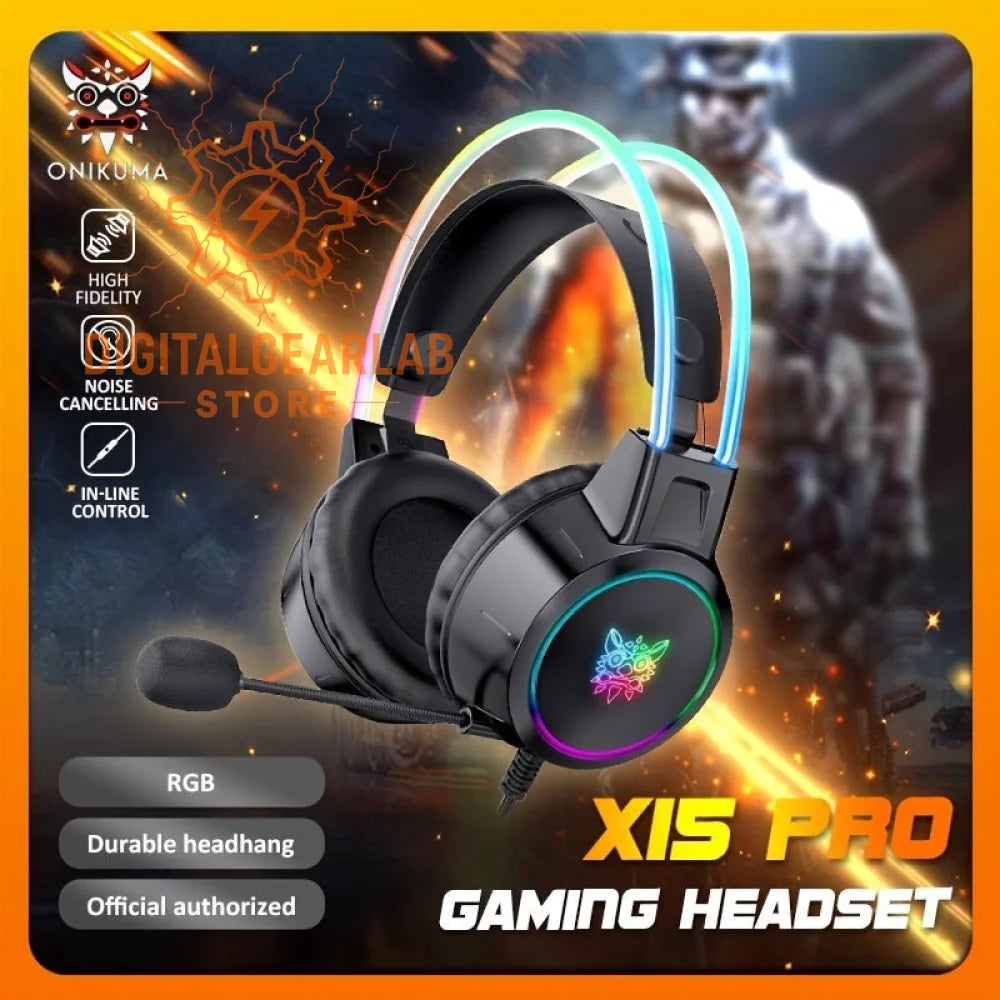 Black gaming headset with rgb lighting and durable headband, featuring a microphone.