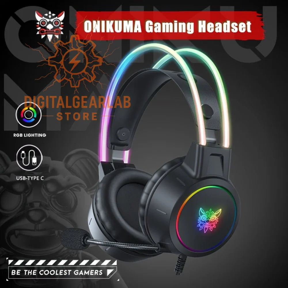 Black gaming headset with colorful led lights and a coiled cable.