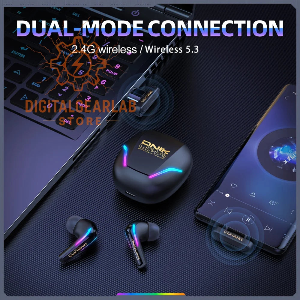 Black wireless earbuds with colorful led lights and charging case.