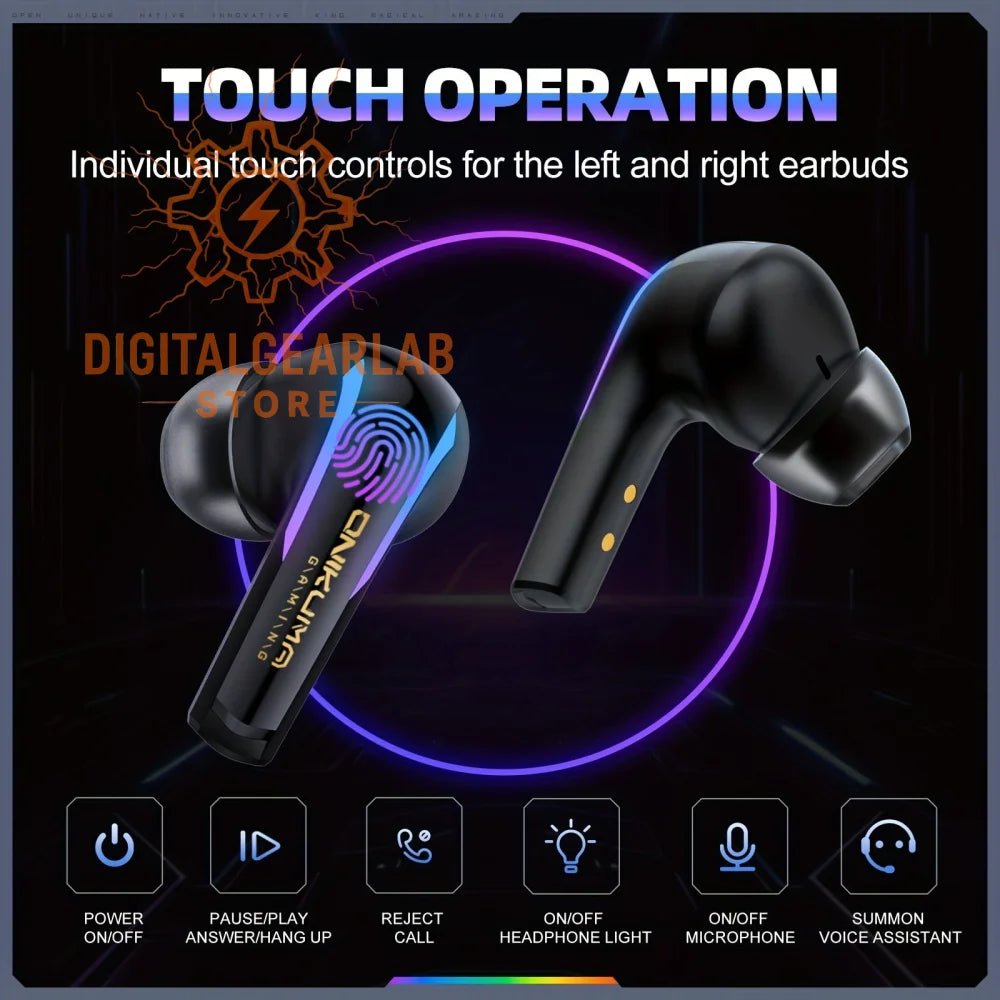 Black wireless earbuds with blue accents and touch controls for individual operation.