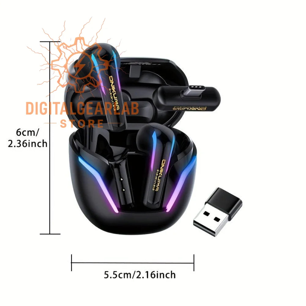 Black wireless earbuds with rainbow led lights and charging case
