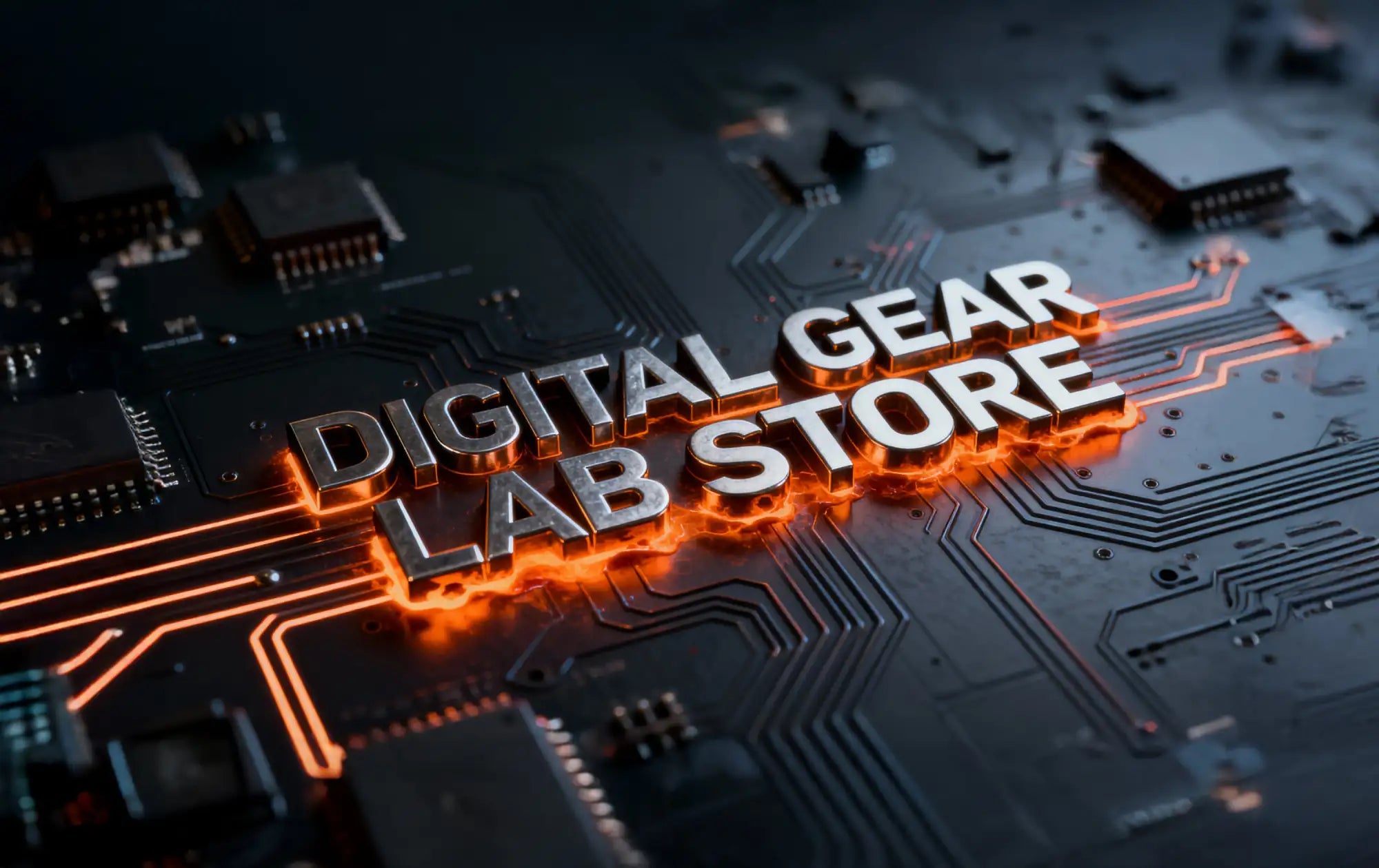 The glowing orange and metallic ’digital gear lab store’ logo is embedded on a dark circuit board with illuminated pathways.