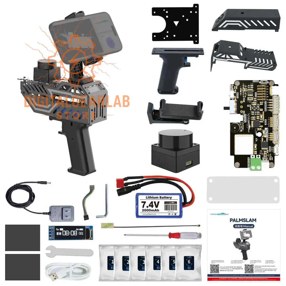 Black and silver handheld gaming controller with a mounted smartphone holder, featuring multiple buttons and joysticks for gameplay.