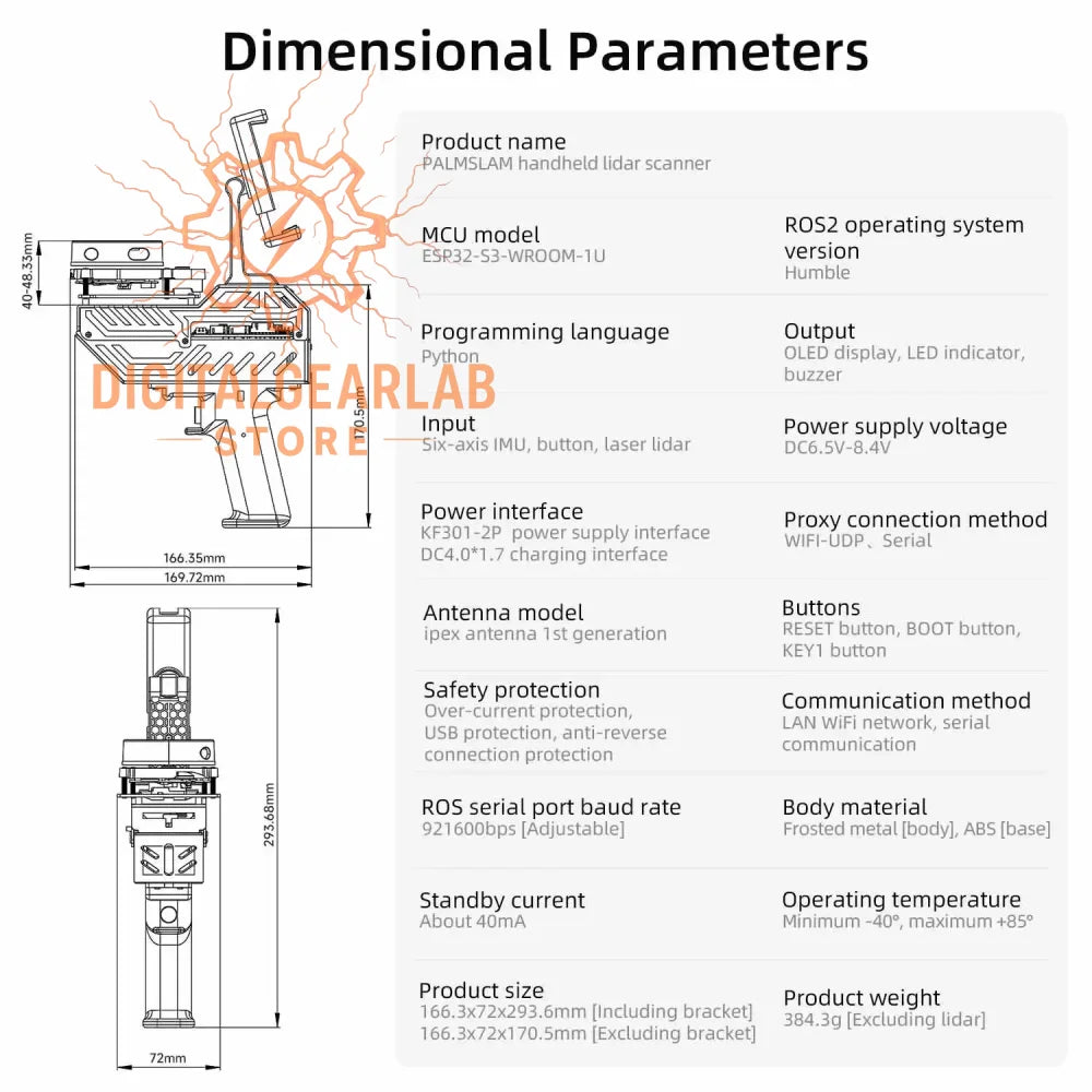 Handheld lidar scanner with a black body and white buttons, featuring an abs base and protocell material.