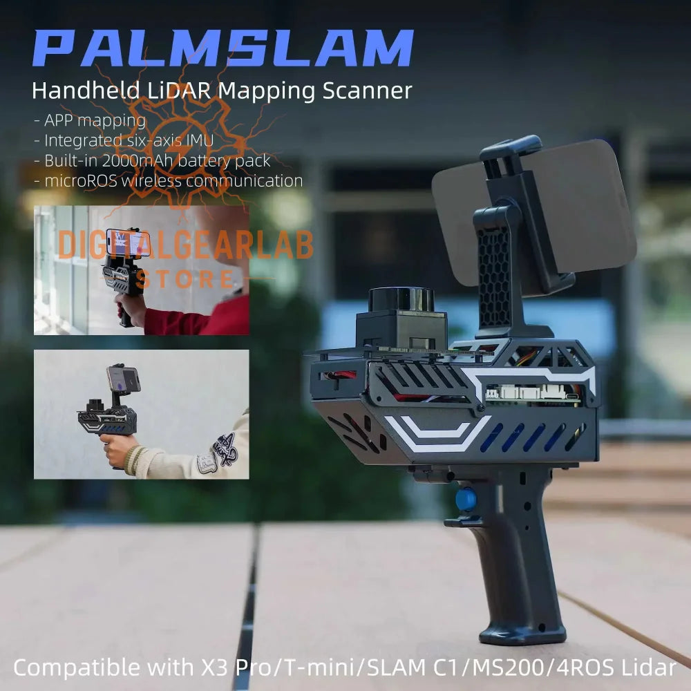 Palm-sized black and silver handheld lidar mapping scanner with integrated six-axis imu, 1080mah battery pack, and wireless communication capabilities.