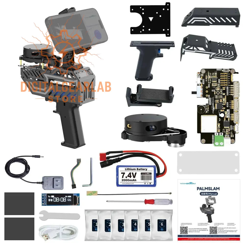Palm slam robot kit with gray and black components, including a hand-held controller and various attachments.