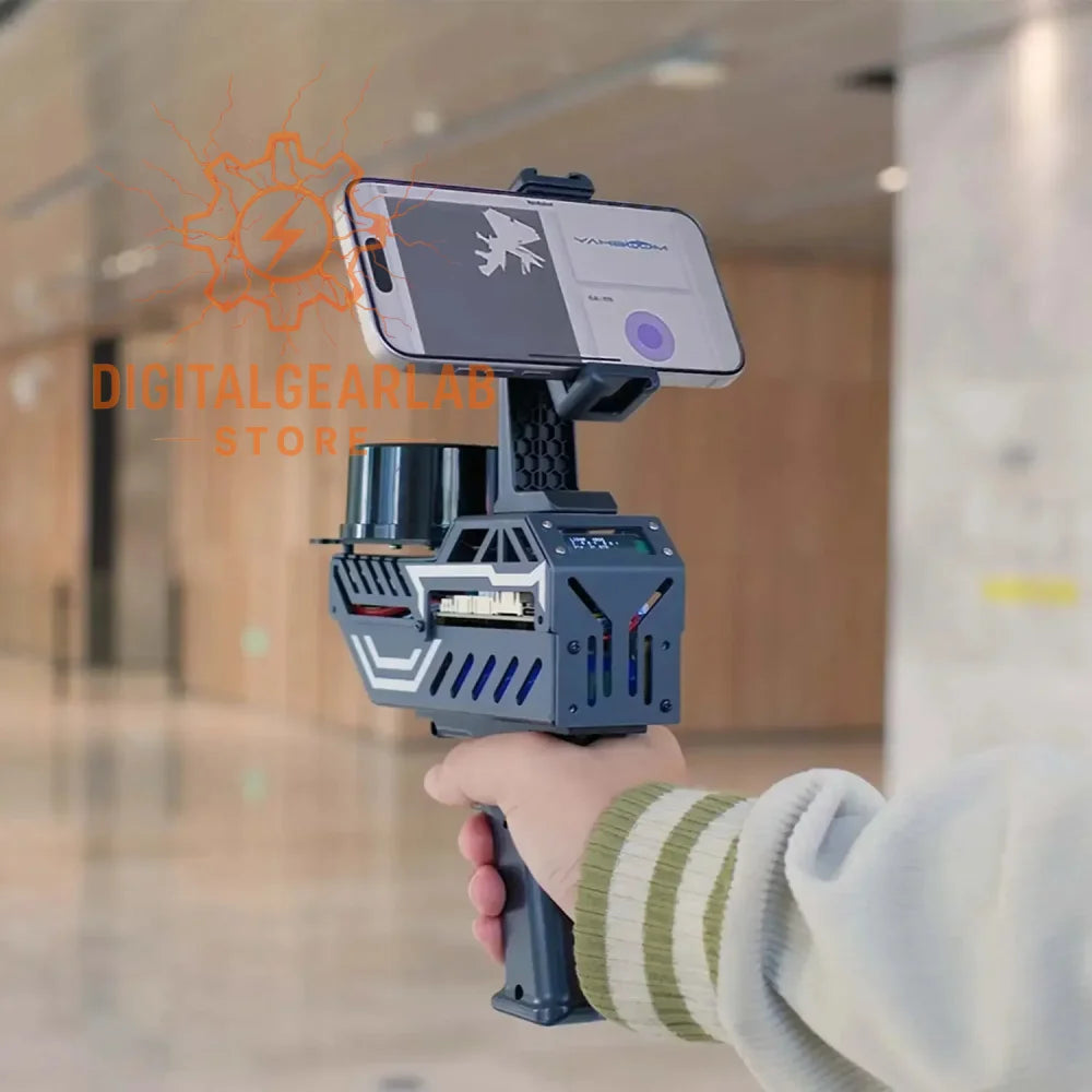 Blue and black handheld stabilizer with smartphone mount, designed for smooth video recording.