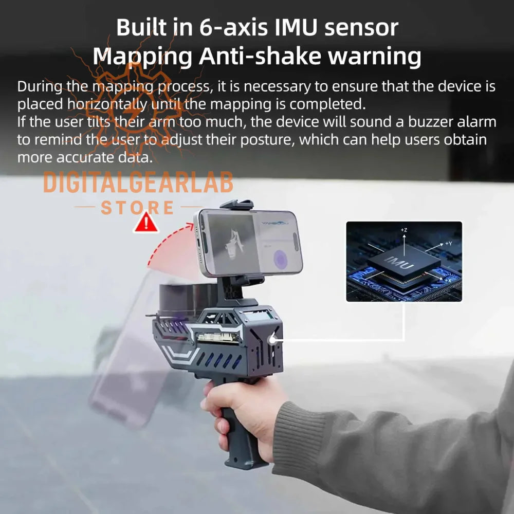 6-axis imu sensor handheld mapping device with anti-shake warning, black and silver design.