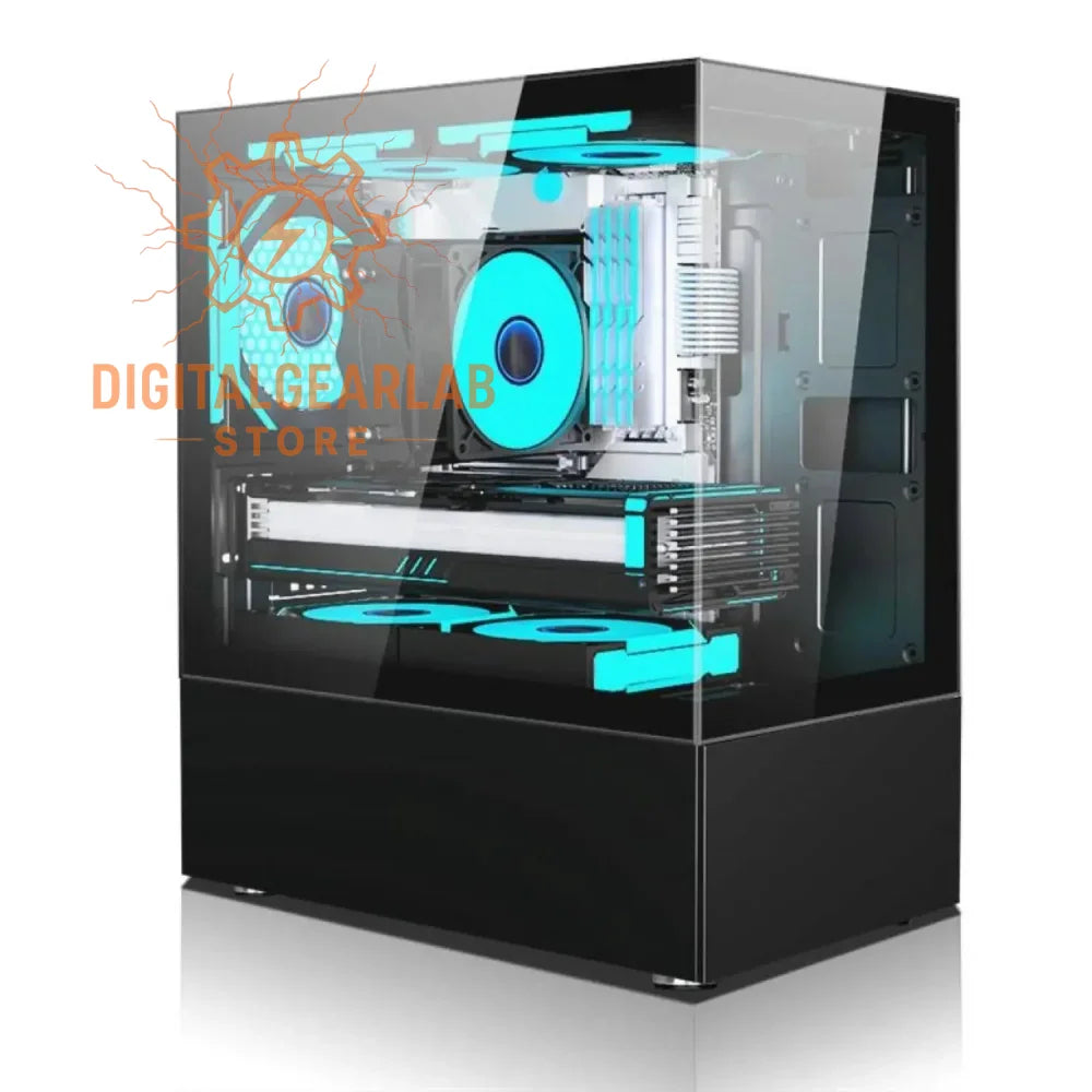 Black and teal gaming pc case with transparent side panel showcasing internal components.