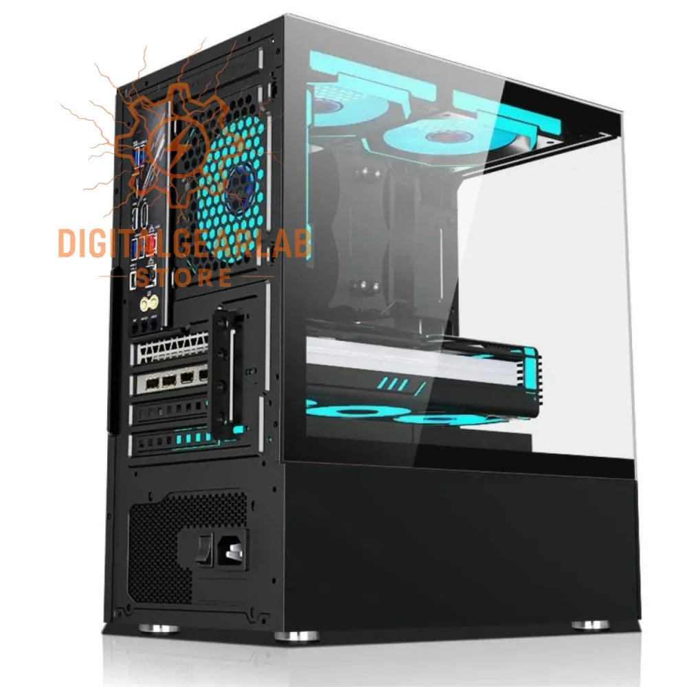 Black and teal gaming pc tower with transparent side panel showcasing internal components.