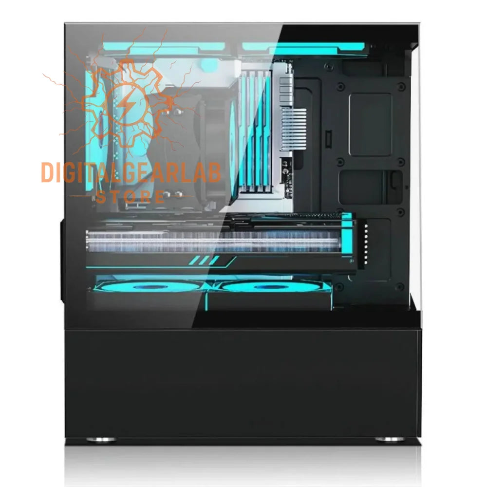 Black and teal gaming pc case with transparent side panel showcasing internal components.