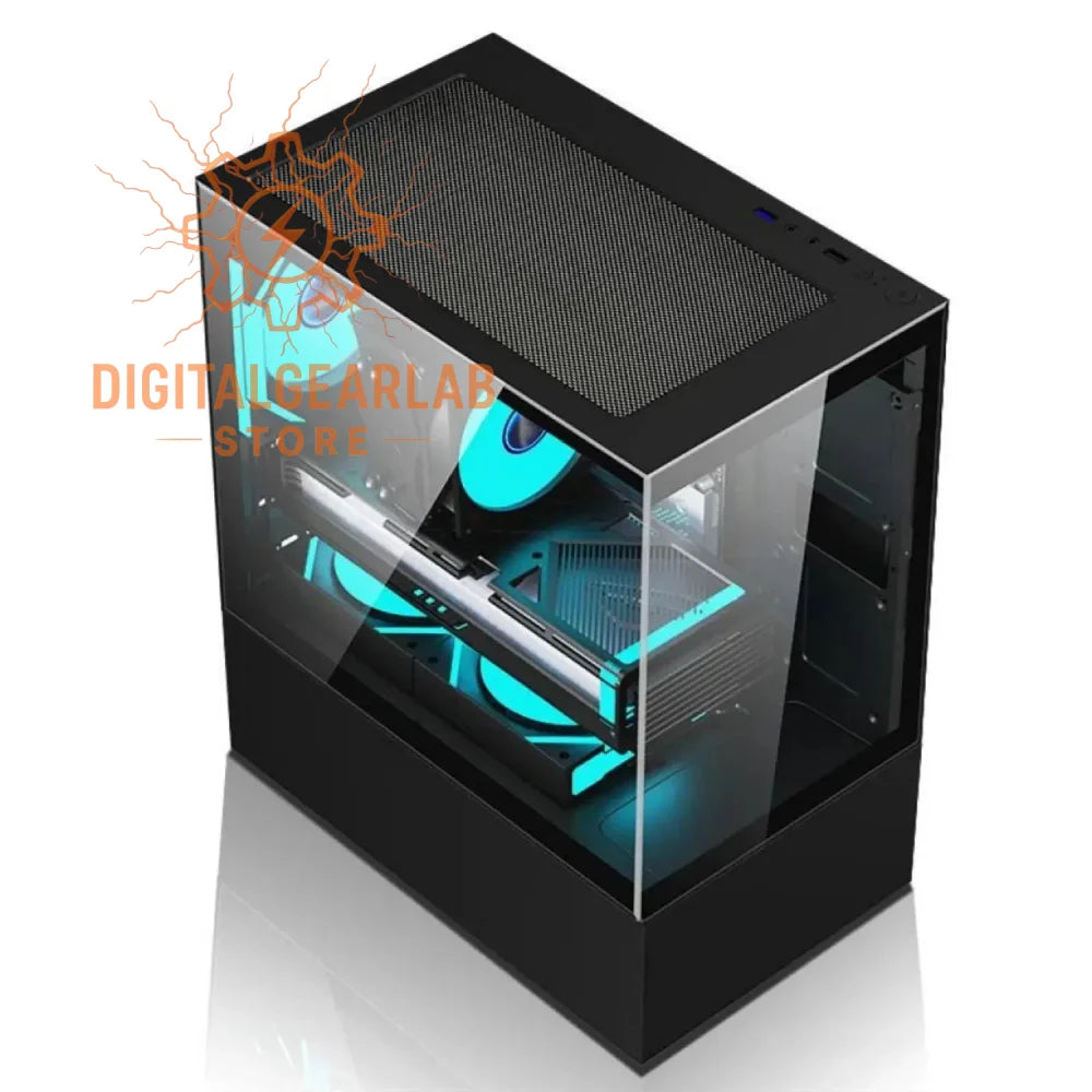 Black and blue gaming pc tower with transparent side panel showcasing internal components.