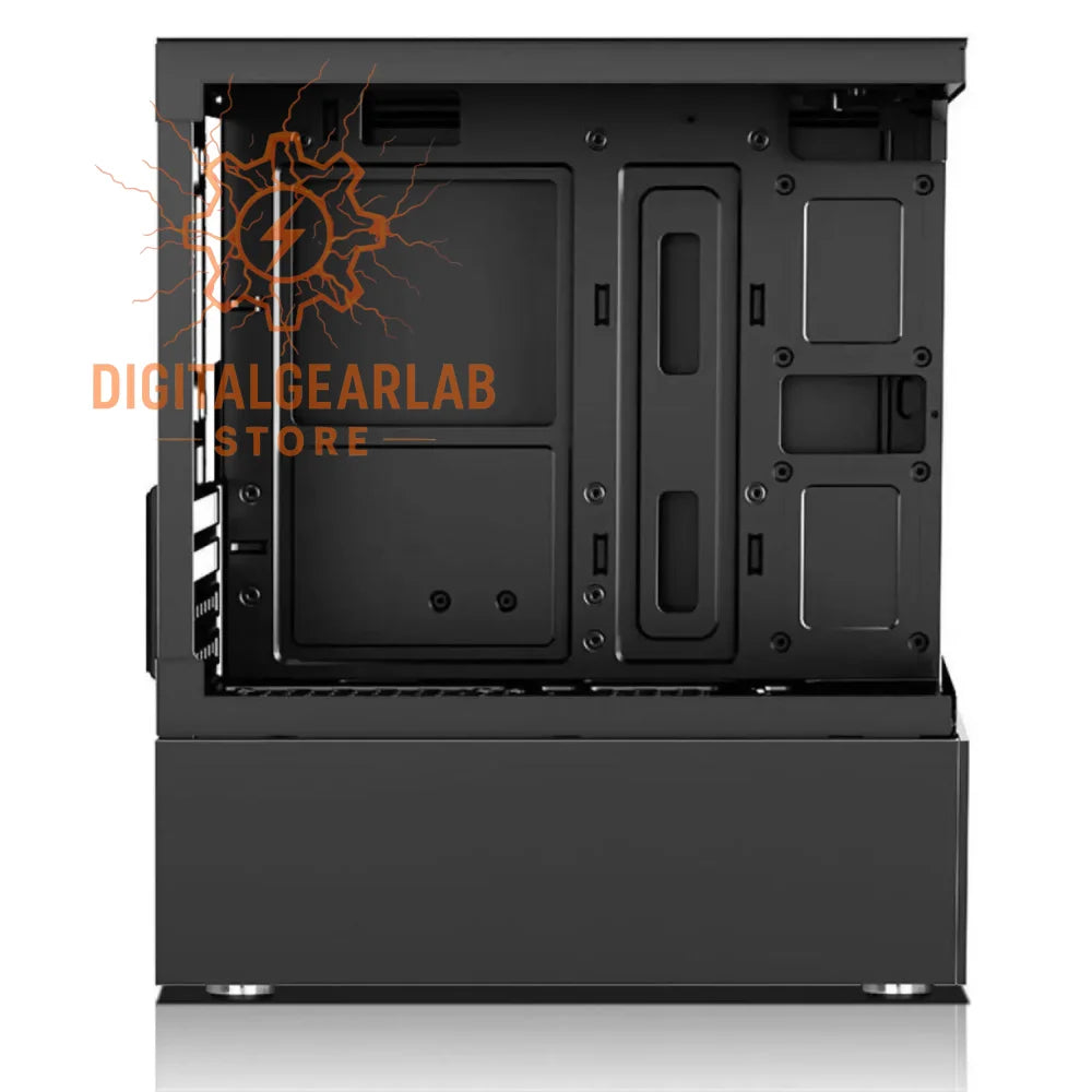 Black computer case with clear side panel and silver accents, designed for easy assembly.