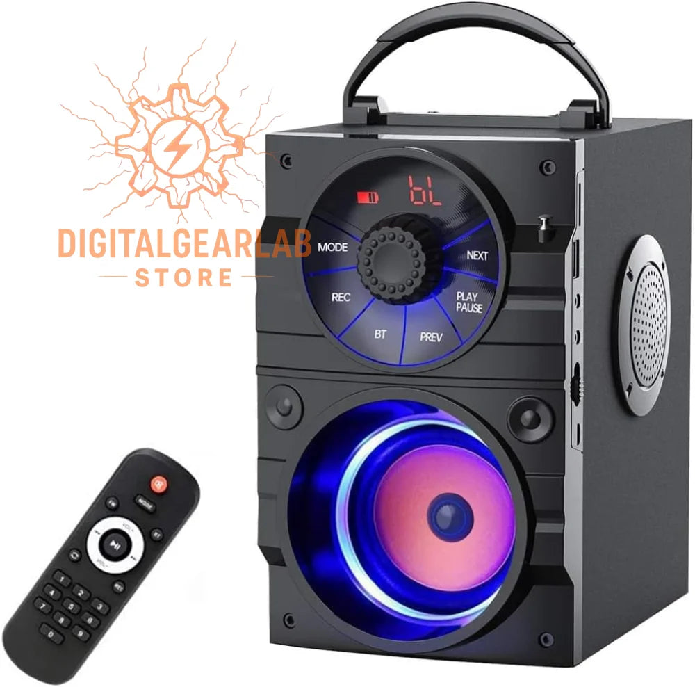 Black portable speaker with a handle, glowing blue and pink led lights around the subwoofer, featuring control buttons on its front panel.