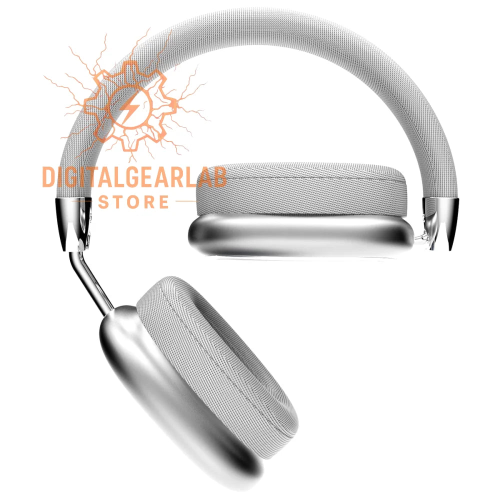 Silver over-ear headphones with fabric ear cups and mesh headband, likely from a premium brand like beats or sony.