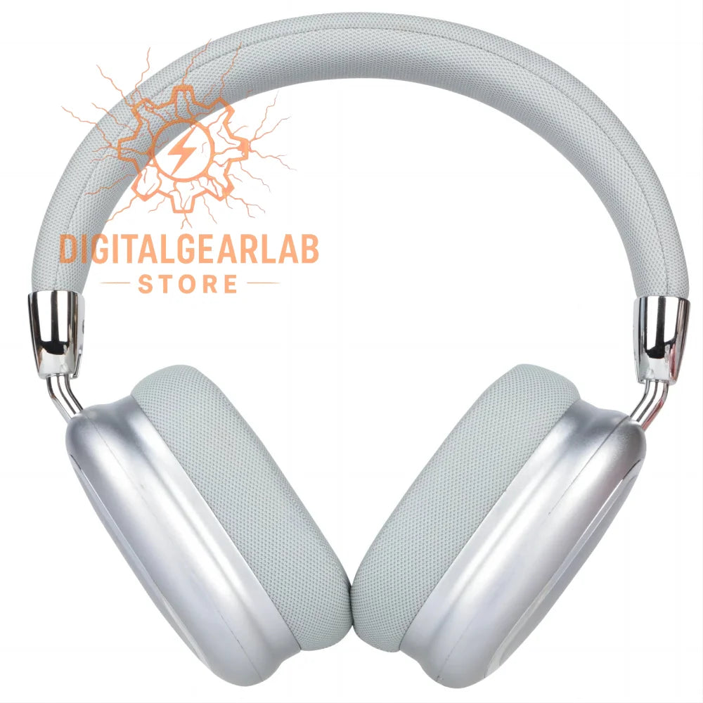 Silver and white over-ear headphones with fabric padding and metallic accents.