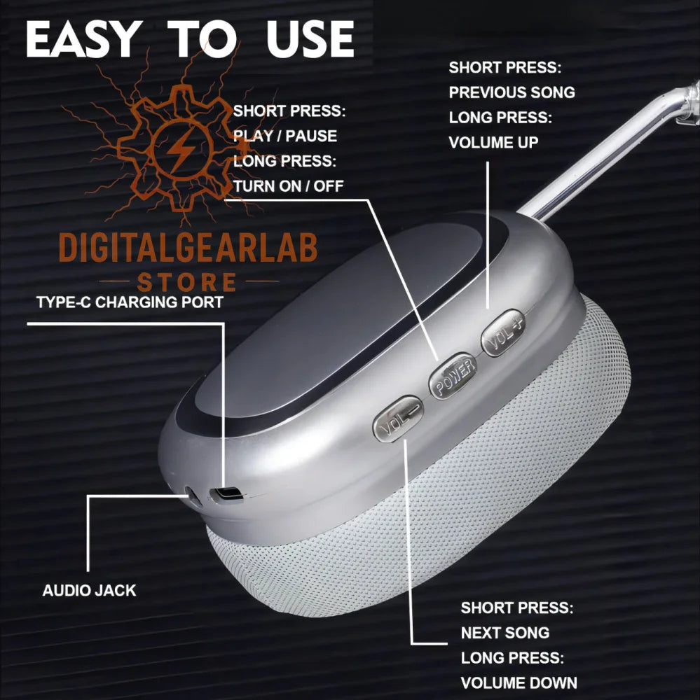 Silver and black portable bluetooth speaker with mesh fabric cover, easy-to-use buttons for play/pause/turn on/off, volume up/down, previous/next song control.