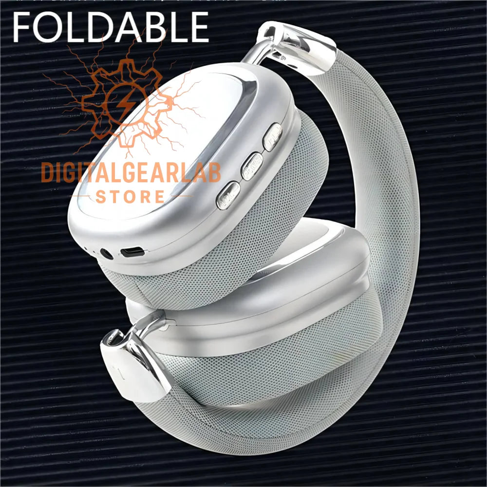 Silver foldable headphones with a sleek design and padded ear cups.