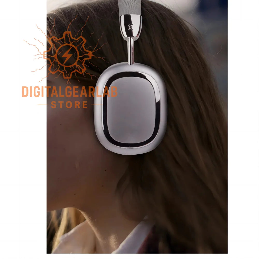 Silver and black over-ear headphones with a sleek, modern design.