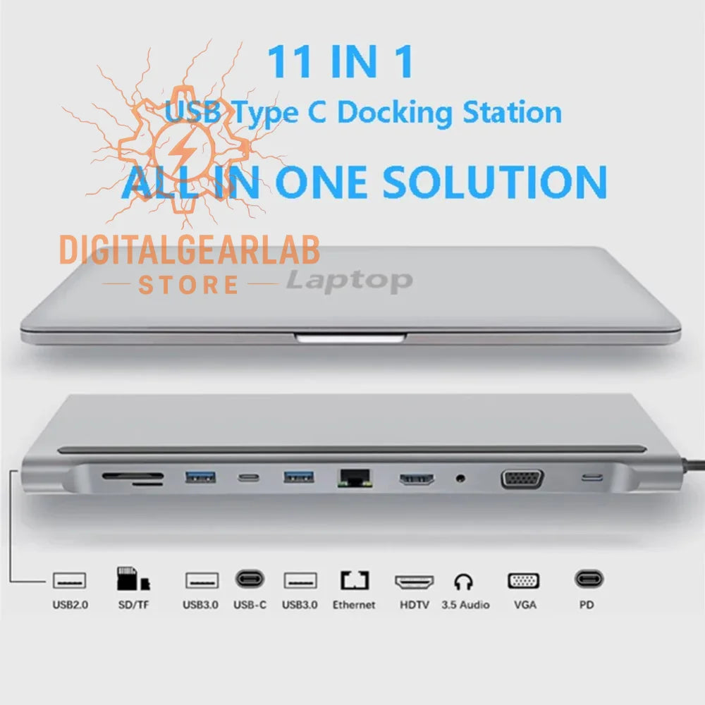 11-in-1 usb type c docking station silver aluminum design with multiple ports and connectivity options.