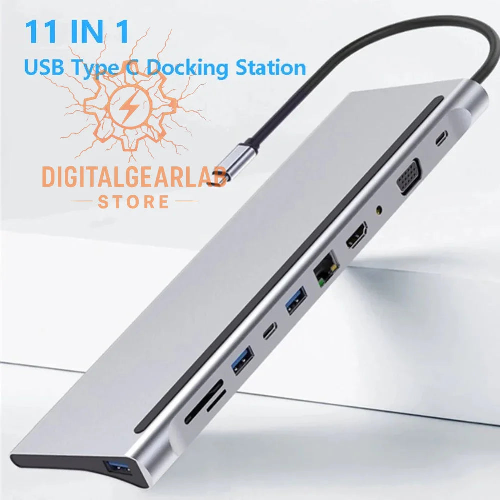 11-in-1 usb type c docking station, silver aluminum design with multiple ports and a sleek profile.