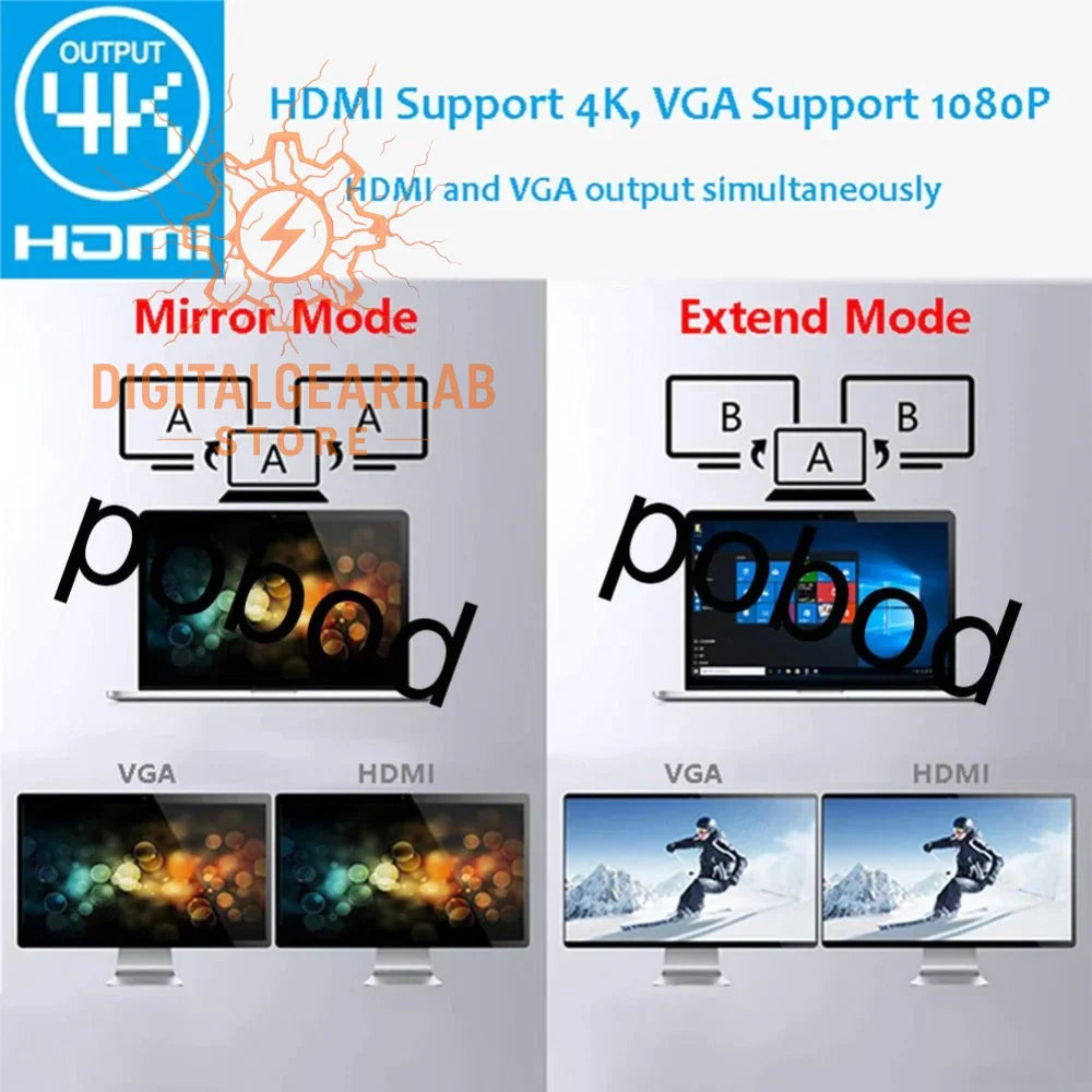 4k hdmi cable with dual output for vga and 1080p, featuring a sleek black design.